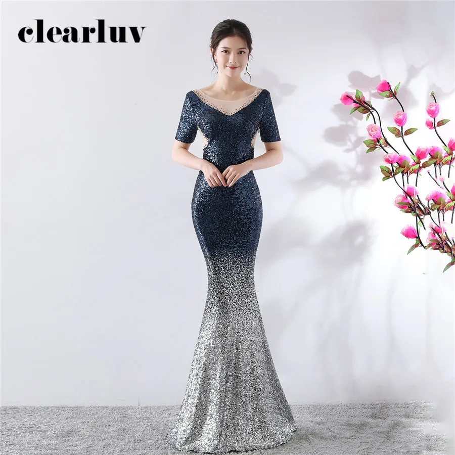 

Evening Dress Gradient Sequins Formal Evening Gown DX357 Elegant Plus Size Short Sleeve Prom Gown New Floor Length Mermaid Dress