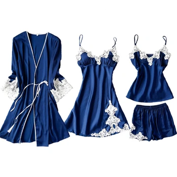 

Pajamas women summer new lace edge ice silk sexy пижама suspenders shorts four-piece suit pajamas home service women robe