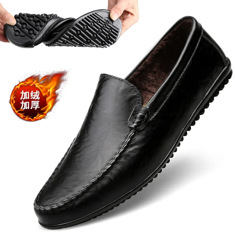 

Winter MEN'S SHOES plus Velvet Warm Men Cotton-padded Shoes Korean-style Moccosins Men's Soft-Sole Casual Leather Shoes Genuine