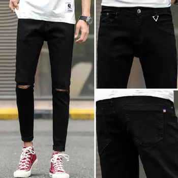 

Men's jeans 2020 spring and summer new couple solid color handsome hole slim jeans young personality fashion trend men's