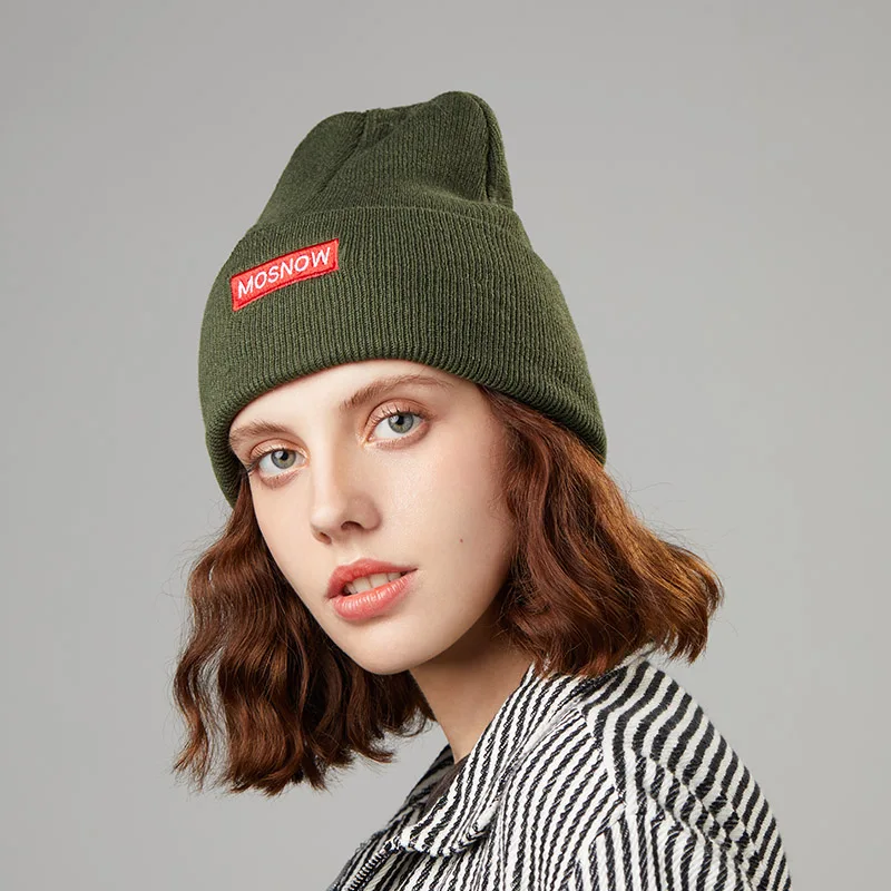 Зимние шапки для женщин, вязаная шапка для мужчин в стиле хип-хоп, шапочки с вышивкой, спортивные осенние вязаные шапки, повседневные теплые мягкие лыжные шапки для девочек - Цвет: Армейский зеленый