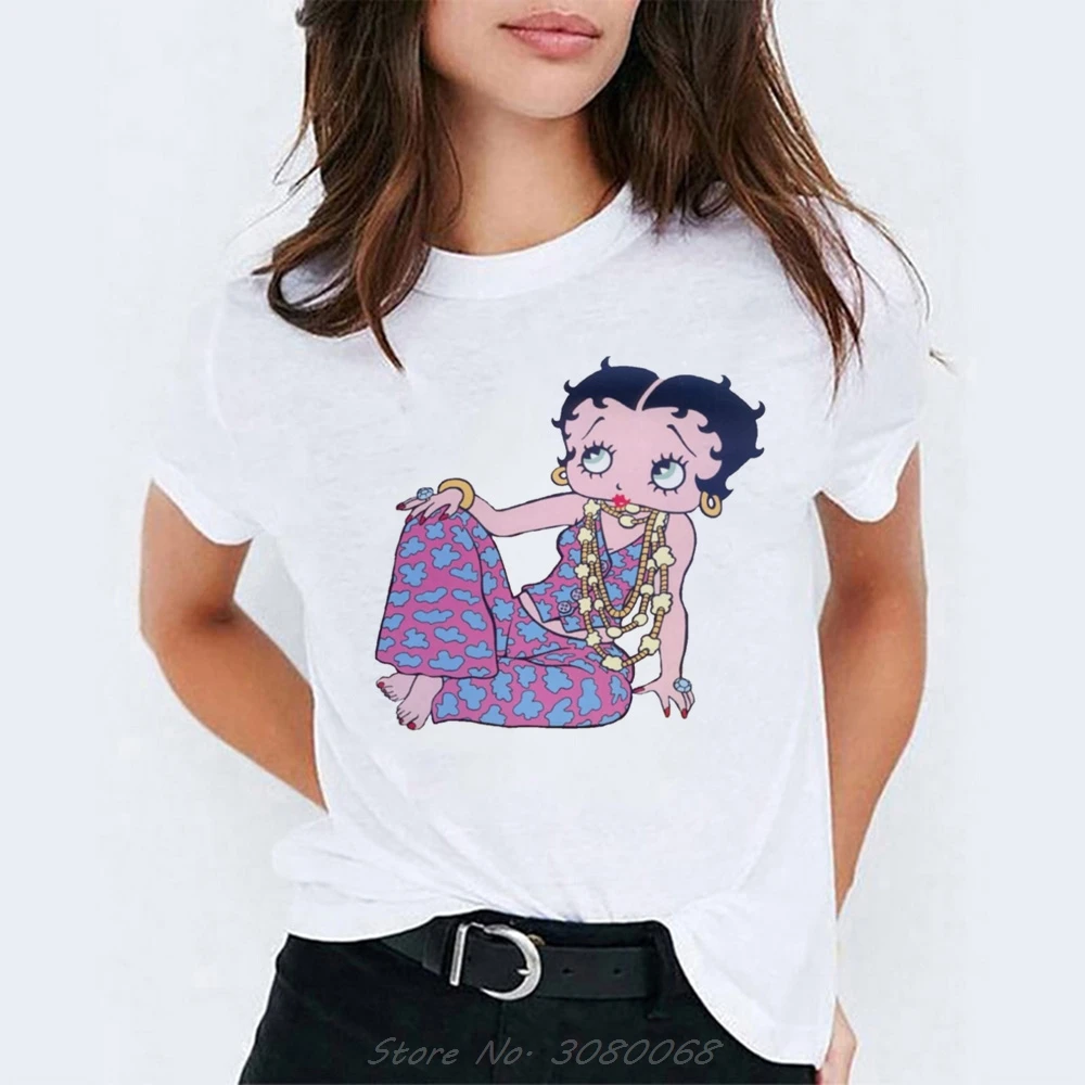 Camiseta Mujer Betty Boop езда на велосипеде Vogue принцесса мультфильм печати белый хлопок Футболка для женщин эстетический стиль Kpop футболка Femme