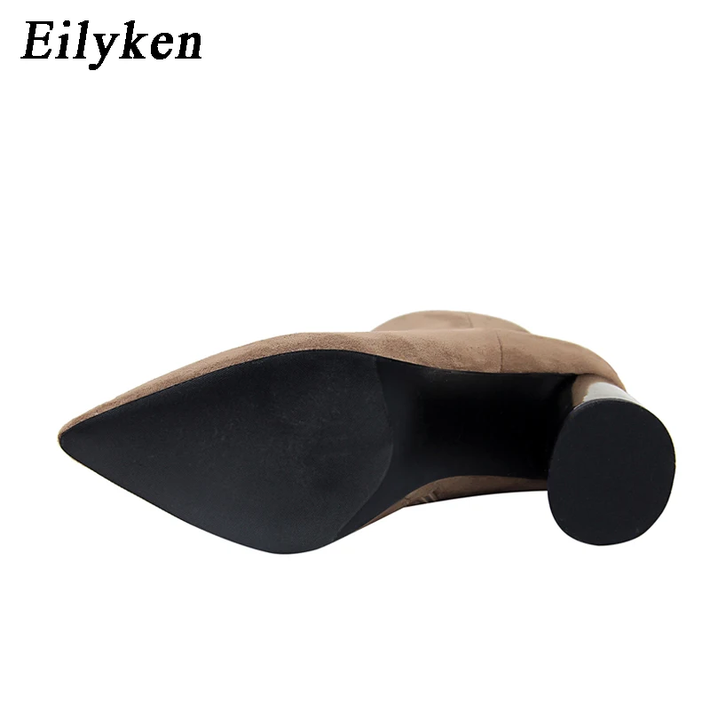 Eilyken/Новинка года; модные зимние женские ботильоны на молнии; женская повседневная обувь на высоком толстом каблуке с острым носком; цвет черный, хаки; ботинки «Челси»