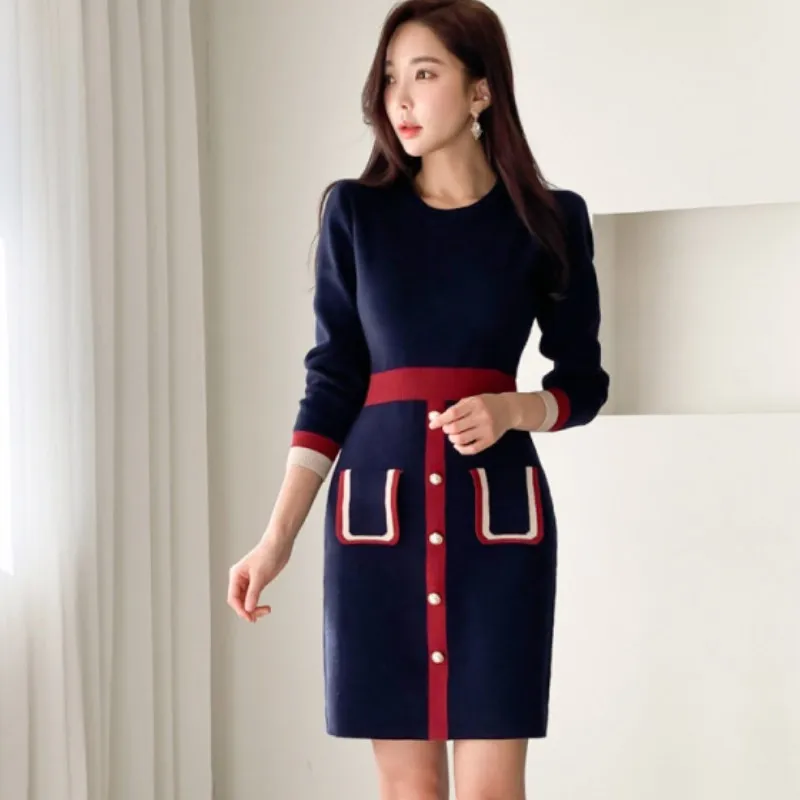 

Women fashion Pencil Knitted Dress 2020 Spring Hit Color Single Breasted Bodycon Long Sleeve casual Slim Mini Dress Vestidos
