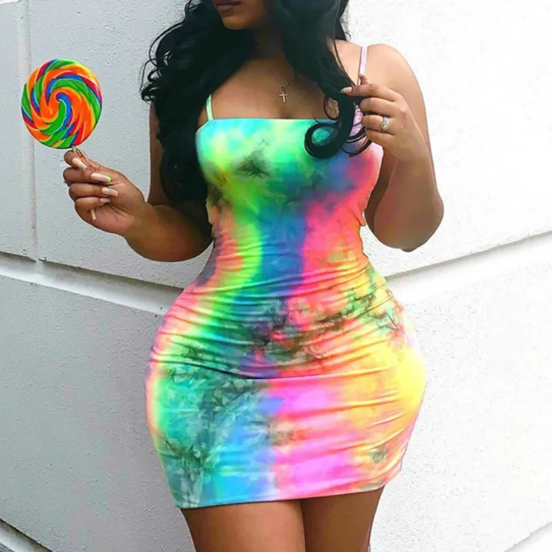 2020 Clubwear Women Female Sling Sleeveless Slash Neck Tie Dyeing Print Bodycon Short Mini Pencil Dress | Женская одежда