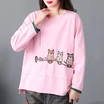 

Women Spring Fashion Korea Style Cotton Vintage Round Neck Owl Embroidery Pullover Oversized Tshirt Office Lady Casual Tees