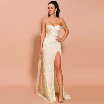 

2 Colors Long Dress Top Quality Lace One Shoulder Slit Women Night CLub Fashion Evening Party Dresses