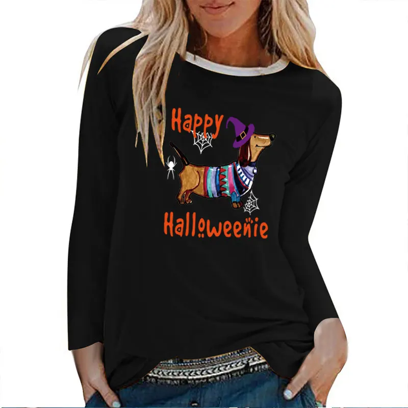 И надписью &quotHappy Halloween&quot Такса Принт футболки с длинным рукавом для женщин Сезон