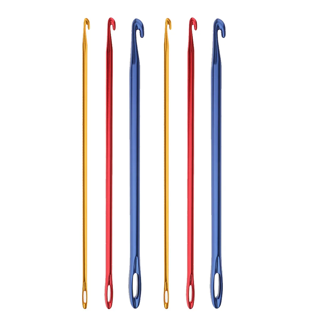 6Pcs Afghan Aluminium Crochet Hook Knitting Needle Hand Knit Tool With Threading Hole