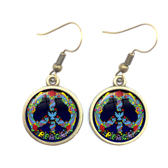 Blue-Red-Yellow Hippie Peace Van Bus Photo Drop Earrings Retro Beach Bus Car Collectors Bus Peace Sign Jewelry For Women