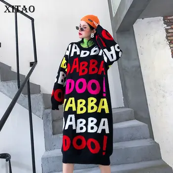 

XITAO Fashion Letter Pattern Knit Dresses Plus Size Thicken Women Dress Korean Style Streetwear Winter Clothes Women XJ2543