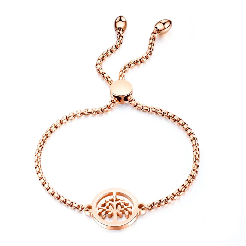 

Hollow Tree of Life Rose Gold Color Bangle Bracelet For Women Stainless Steel Box Chain Cuff Hand Jewelry Gift Dropshipping
