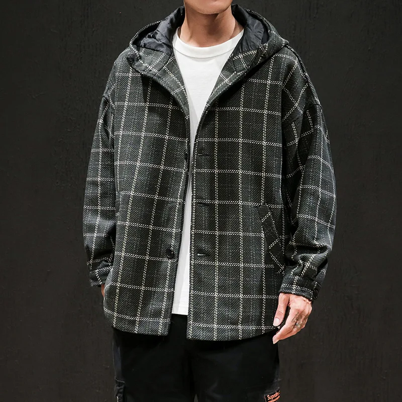

19/Winter Popular Brand Men's Plaid Coat Wool Woolen Cloth Hooded Thick Jacket Men's Jk68088/P85 Black Wall