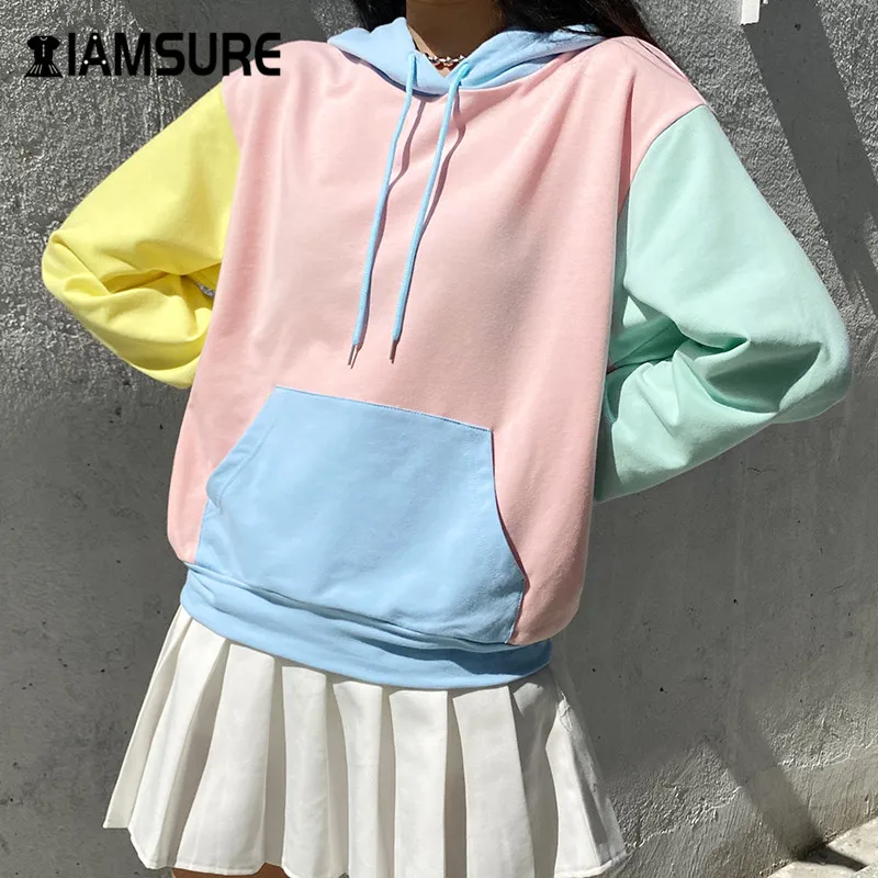 IAMSURE  2020 Autumn Winter Fashion Macaron Colorblock Oversized Hoodie For Women Kpop Streetwear Casual Loose Female Sweatshirt