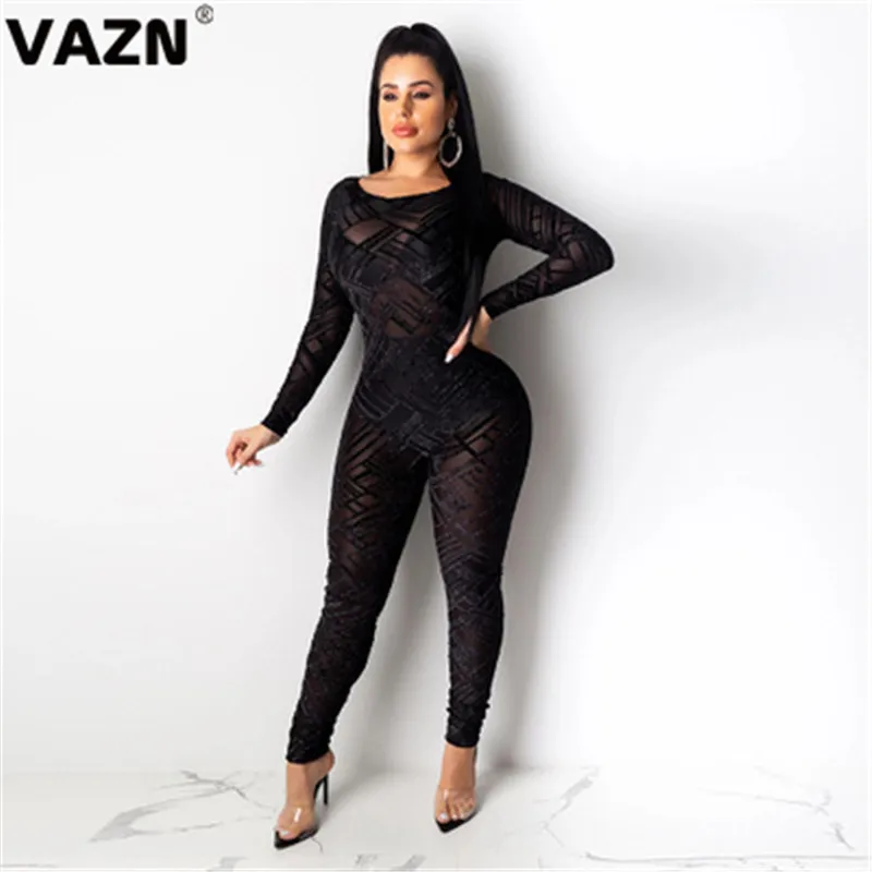 Черный VAZN SN3708 Новые прозрачные Необычные Сексуальные Клубные открытые модные обтягивающие женские комбинезоны с длинным рукавом и открытой спиной - Цвет: Черный