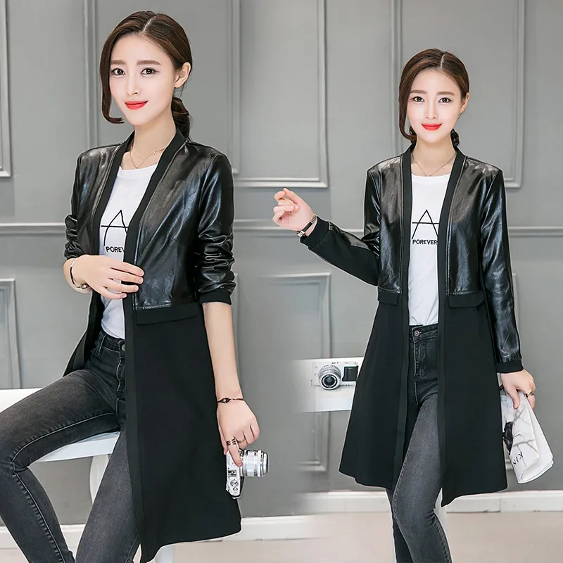 UHYTGF Spring leather jacket female fashion splice leather cardigan coat Long sleeve black Slim women's jacket Big size top 463