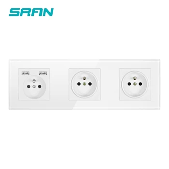 

SRAN French triple frame power socket，socket with usb，crystal glass panel 258*86，3gang wall france socket