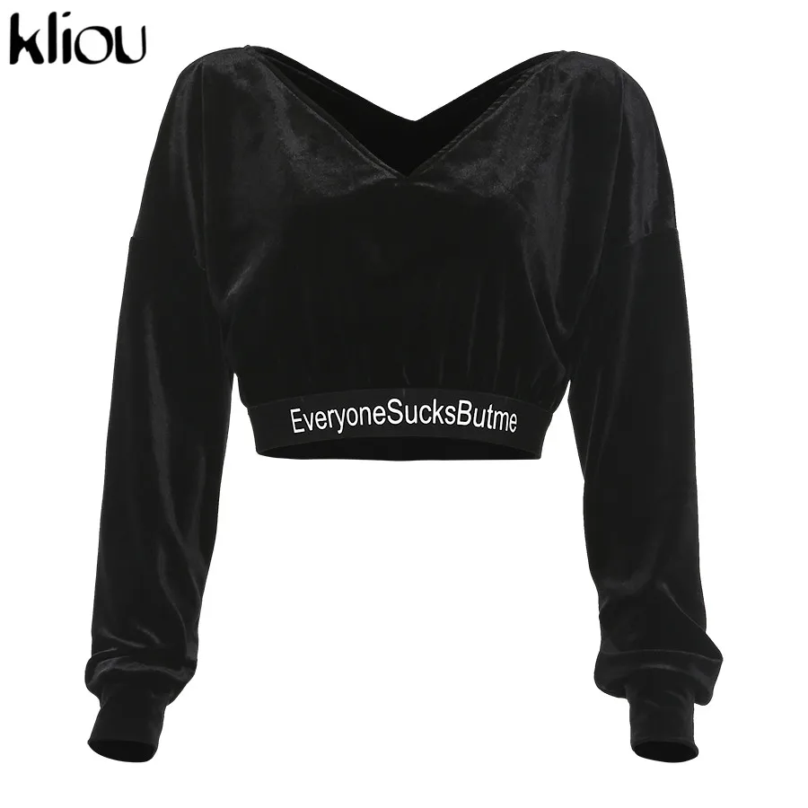 Kliou женский Однотонный черный свитер с v-образным вырезом осенний короткий топ с длинным рукавом и открытыми плечами Женская модная Уличная Повседневная одежда