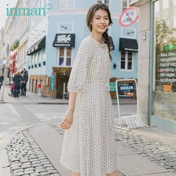 

INMAN 2020 Spring New Arrival Cotton Shivering Lace Medium Sleeve Nipped Waist Belt Dress