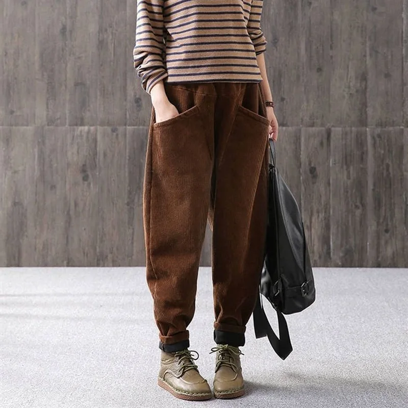 

SHUJIN Women Coudery Harem Pants Autumn Winter Casual Coudery Thick Warm Trousers Fleece Inside Big Pocket Female Long Pants