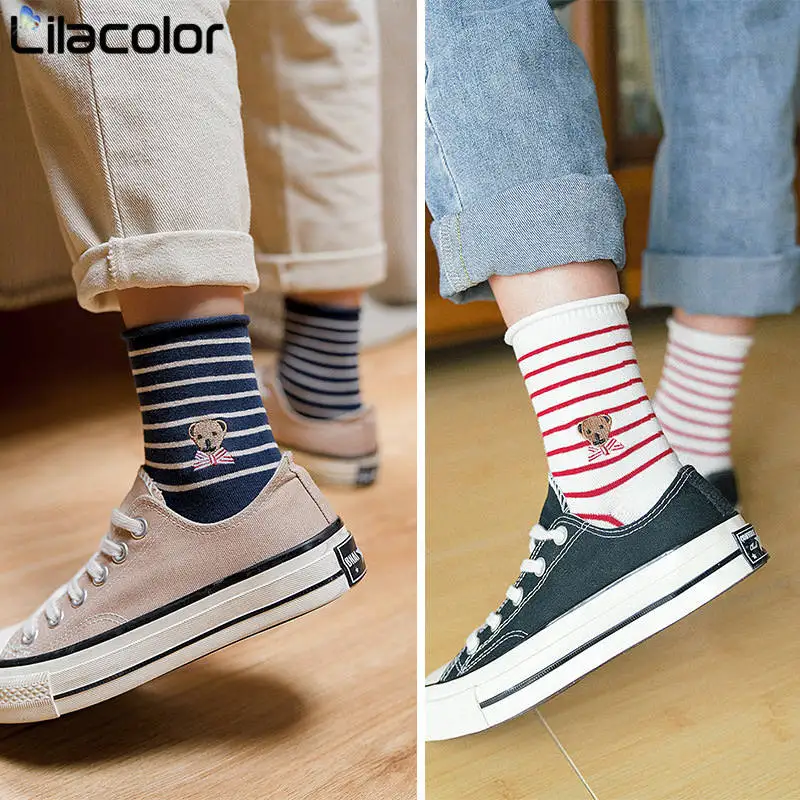 

Cute Little Bear Embroidery Women Socks Cotton Striped Female Soft Sock Lady Girls Autumn Winter Sock