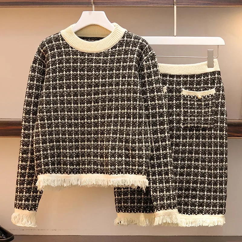 Black Большой плюс размер Sweater свитер одежда розовый комплект юбки для девочек костюм женский осенний комплект из 2 предметов s свитер+ юбка комплект из 2 предметов Vestidos - Цвет: Black