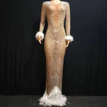 

High Quality Gold Long Sleeve Hollow Out Long Feather Dress Evening Party Dj Dancer Costumes