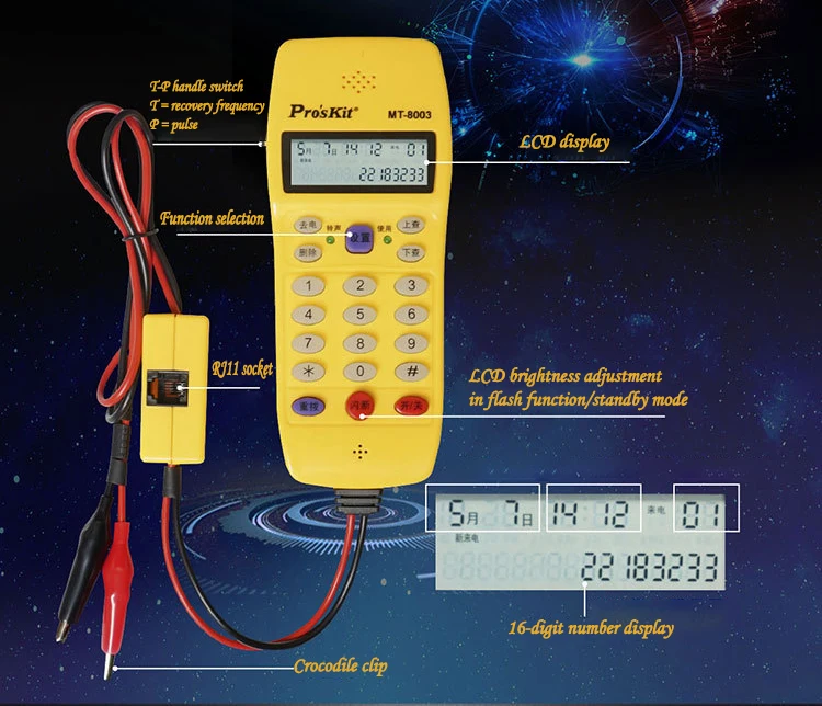 Pro'skit автоматическое обнаружение телефонная линия тестер MT-8003 16-бит ЖК-дисплей Тип звонящего проверить телефонная линия Finder цепи Инструменты для ремонта