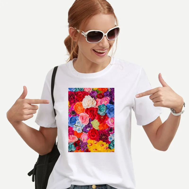 Rose printed Women t shirt Summer Hipster Casual Tshirt Short sleeve round neck Breathable t-shirt Tee Shirt Femme