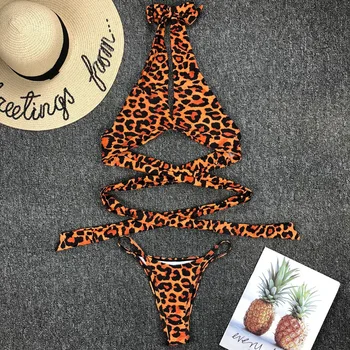 

Print Bandage Bikini set 2020 Leopard Swimsuit Female Halter bathing suit High cut swimwear women Summer bathers biquini
