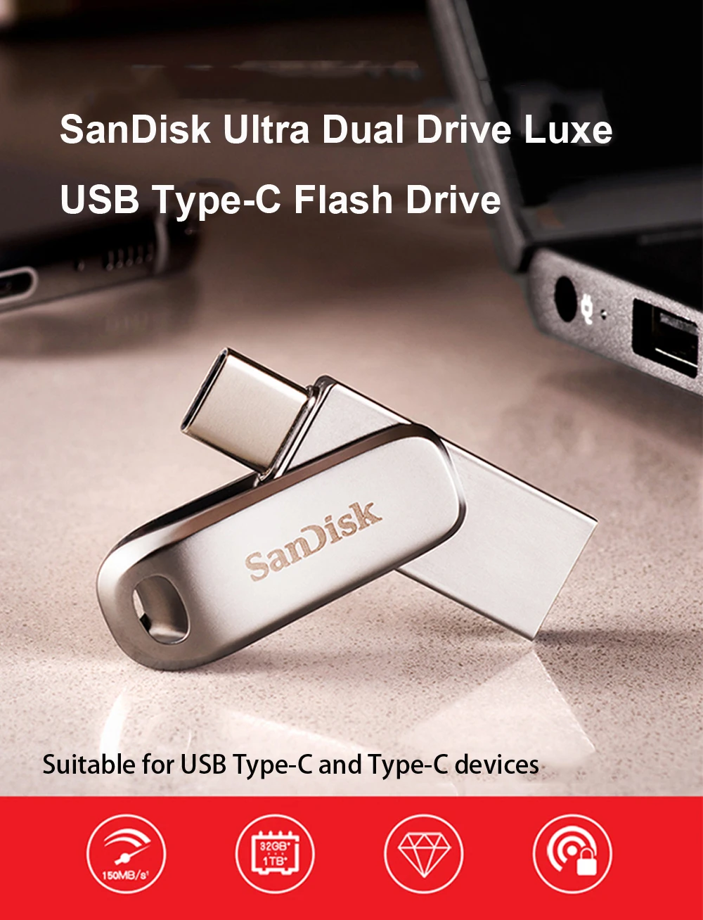 Sandisk-OTG Tipo-C USB Flash Drive, Pendrive, Memory