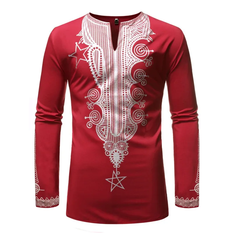 

African Dashiki Print V Neck T Shirt Men 2024 Brand Slim Fit Long Sleeve African Clothes Men Hip Hop Streetwear Tee Shirt Homme