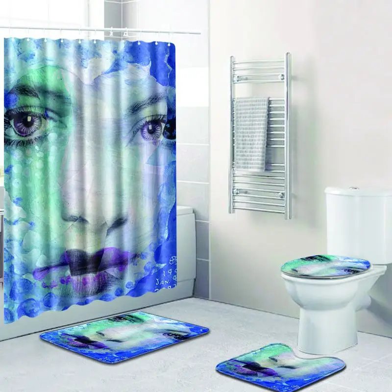 

4pcs/set Colorful Painting 3D Print Waterproof Shower Curtain Modern Washable Toilet Cover Mat Non Slip Rug Carpet Home Decor