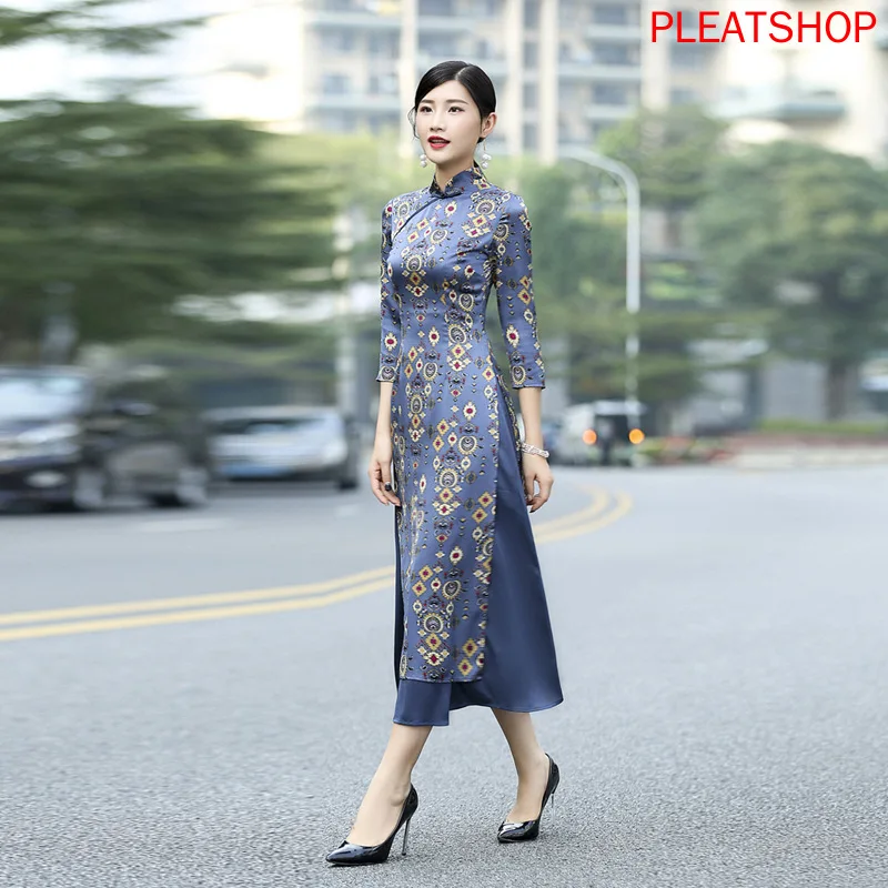 

Spring And Autumn Retro Frog Improved Slim Fit Long Viet Nam Audrey Cheongsam Dress qipao dress women clothes elegant dress