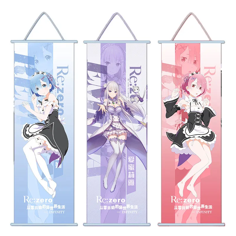 Re:Life In A Different World From Zero Hanging Scroll Painting Cartoon Figure Rem Ram Emilia Wall Decoration (70x30cm) | Дом и сад
