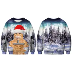 Забавный Рождественский свитер с длинными рукавами и рисунком кота, с цифровым 3d-рисунком, пуловеры, рождественские свободные топы с
