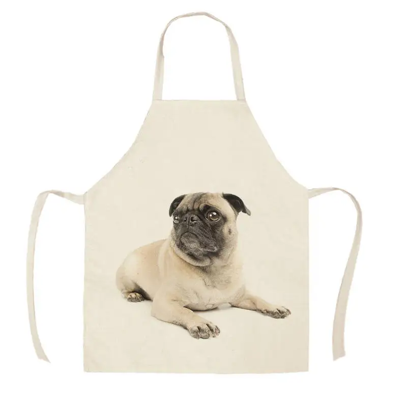 1Pc Kitchen Apron Sketch Wearing Pug Pet Dog Cat Printed Sleeveless Cotton Linen Aprons for Men Women Home Cleaning Tools WQ456