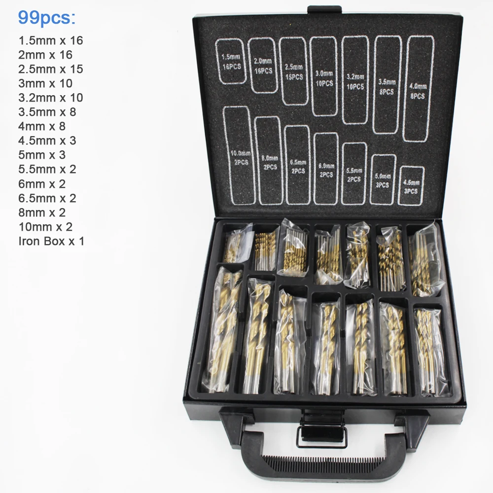 

99PCS High-speed Steel HSS Twist Drill Bits Set 1.5-10mm Titanium Coated Titanium-plated Hemp Drill Woodworking Tools