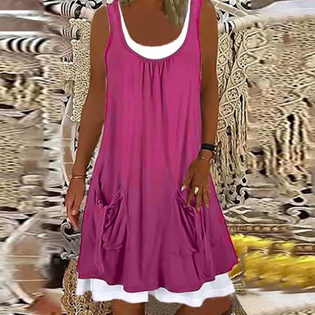 Summer Patchwork Short Dress Women 2021 Casual O Neck Pocket Party Dress Ladies Sleeveless Loose Beach Dresses Plus Size 09