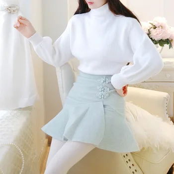 

Trytree Autumn Winter Women Casual two piece Set Turtleneck Sweater Tops + Skirts Mini Ruffles Office Lady Suit Set 2 Piece Set