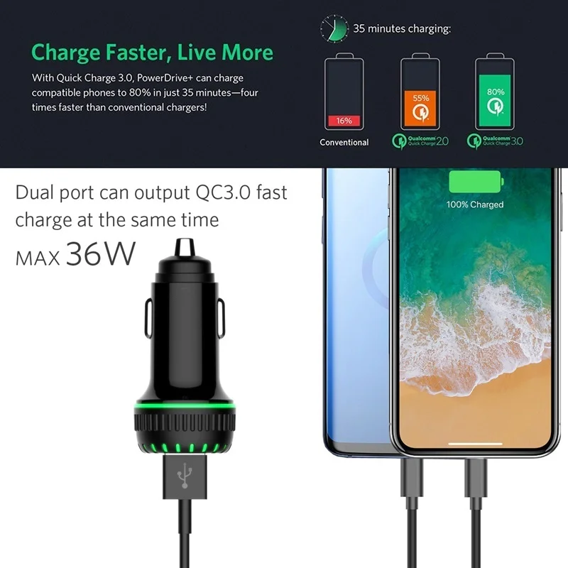 Tongdaytech 36 Вт автомобильное зарядное устройство с двумя USB портами для iPhone X XS 11 Pro Max