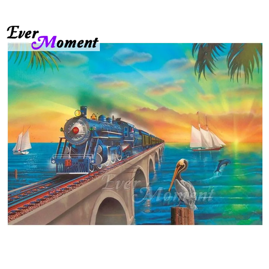 Ever Moment Diamond Painting 5D DIY Rhinestone Train Bridge Ship Cross Stitch Home Embroidery Mosaic Full 3F2071 | Дом и сад