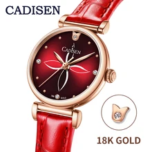 Cadisen Nieuwe 18K Gold Vrouw Horloge Luxe Merk Vrouwelijke Horloge 30M Waterdichte Mode Rode Riem Goud Quartz Horloge gift Voor Vrouwen