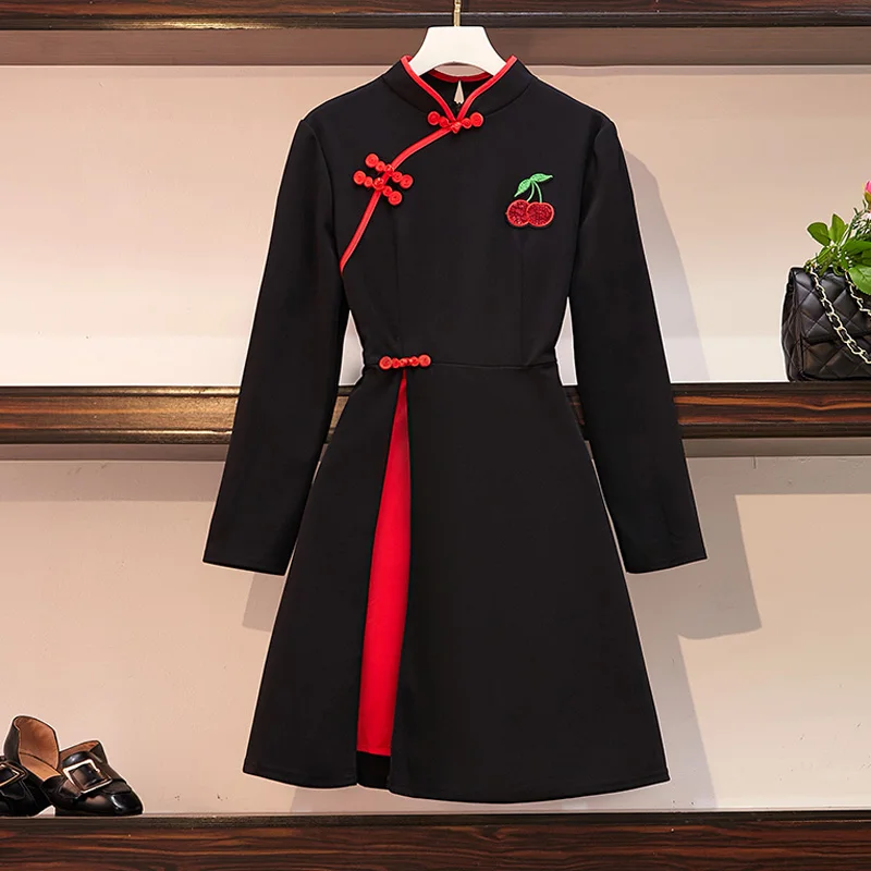 

Autumn Women A Line Vintage Chinese Style Buckle Improved Cheongsam Fashion Patchwork Dresses Silm Black Embroidery Sequin Qipao