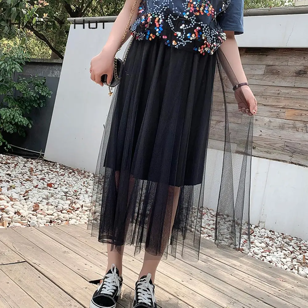 Женская трехслойная юбка-пачка средней длины из прозрачного тюля с высокой талией, милая однотонная Свободная юбка-пачка ярких цветов