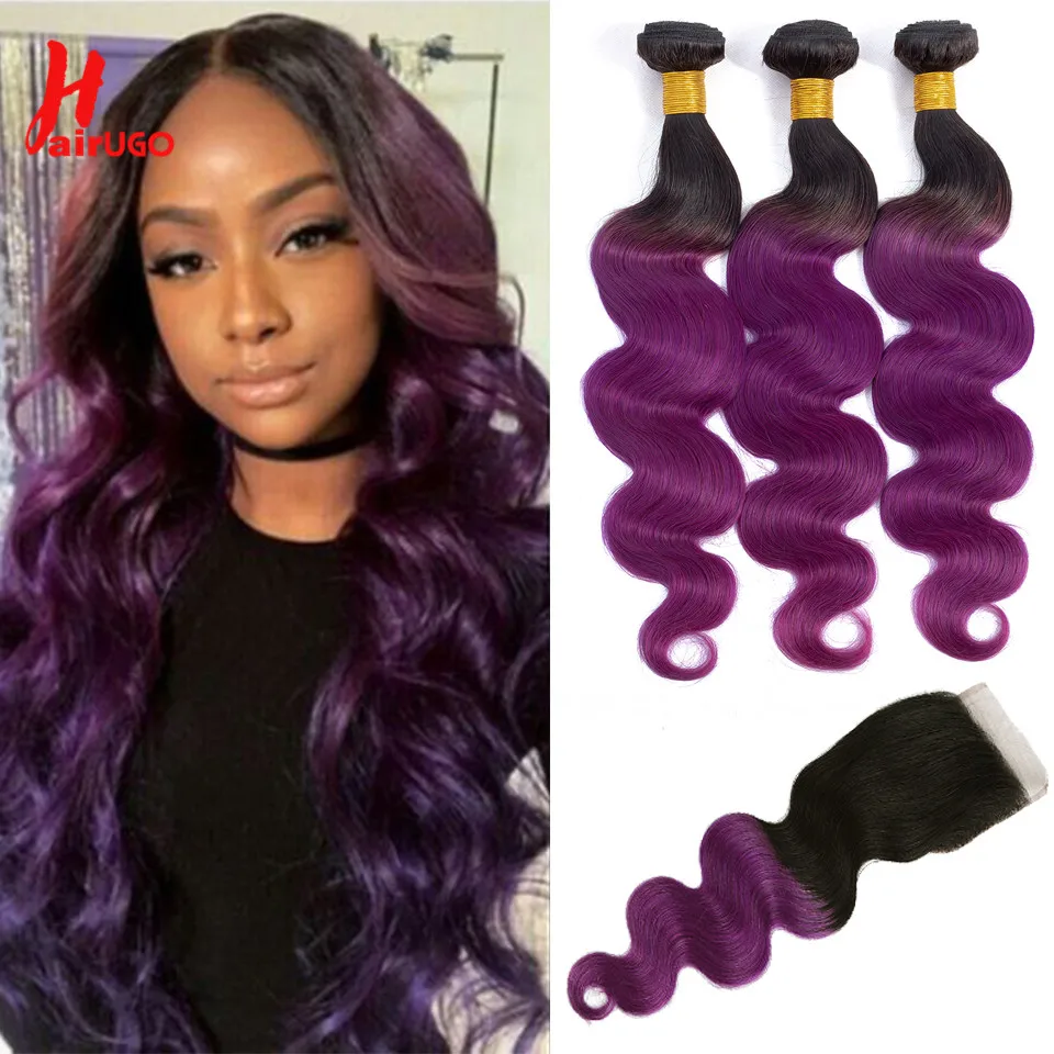 1B/фиолетовый человеческие волосы пряди с 4*4 Кружева Закрытие волос Remy эффектом