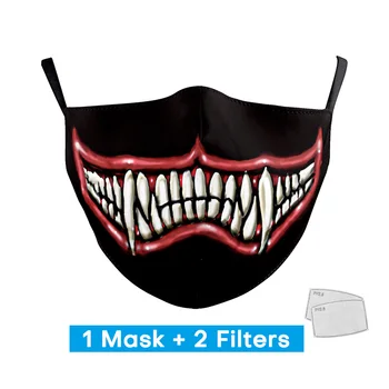 

Halloween Party Cosplay Face Print Mask With 2 Free Filters Reusable Washable Protective pm2.5 Adult Joker Smiley Mouth Masks