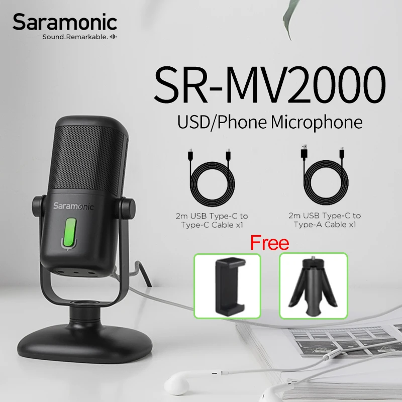 

Saramonic SR-MV2000 novo microfone de mesa usb com suporte magnético destacável, filtro pop embutido e amplificador de fone de o
