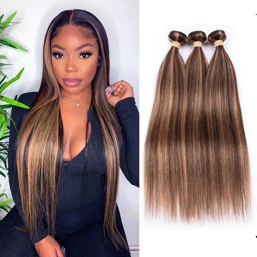 Resalte mechones extensiones de cabello humano liso malayo mechones de cabello lacio Castaño mechones de cabello humano Remy de 3 mechones