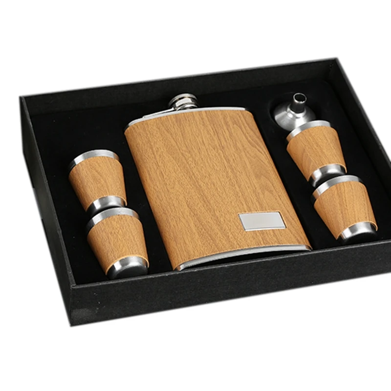 Zeafree 9 Oz Wooden Hip Flask Set with 1 Funnel and 4 Cups Whiskey Wine Steel Flagon Bottle Travel Drinkware for Gifts